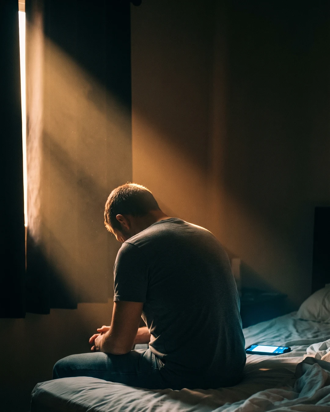Homem sentado na beira da cama ao amanhecer, com a luz da manhã entrando pela janela